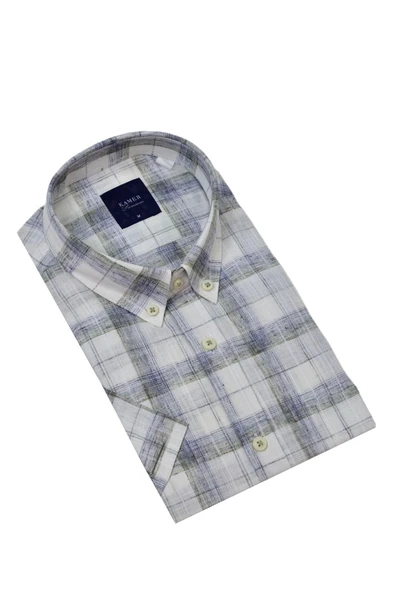 Erkek Klasik Ekose Kısa Kol Gömlek Pamuk Keten 9339 BGL-ST04586 - Resim 9