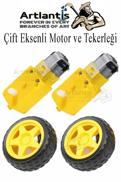 Çift Eksenli Motor 2 Adet ve Tekerlek 2 Adet Sarı Dc Motor Arduino Robotik Motor Tekerlek Deney Okul Bilim Araba Yapım