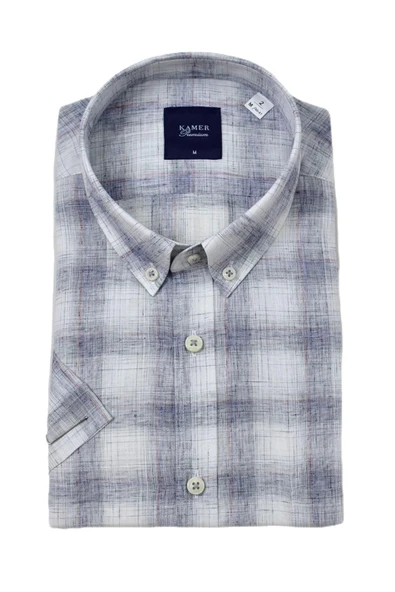 Erkek Klasik Ekose Kısa Kol Gömlek Pamuk Keten 9486 BGL-ST04584 - Resim 4