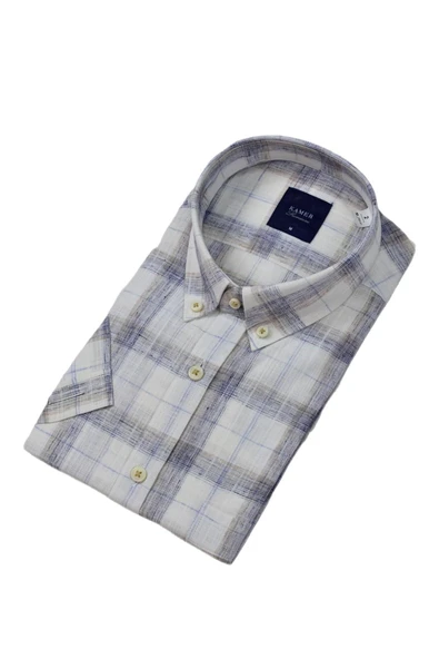 Erkek Klasik Ekose Kısa Kol Gömlek Pamuk Keten 9339 BGL-ST04586 - Resim 6