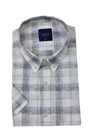 Erkek Klasik Ekose Kısa Kol Gömlek Pamuk Keten 9339 BGL-ST04586 - Resim 5