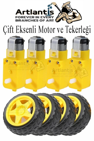 Çift Eksenli Motor 4 Adet ve Tekerlek 4 Adet Sarı Dc Motor Arduino Robotik Motor Tekerlek Deney Okul Bilim Araba Yapım