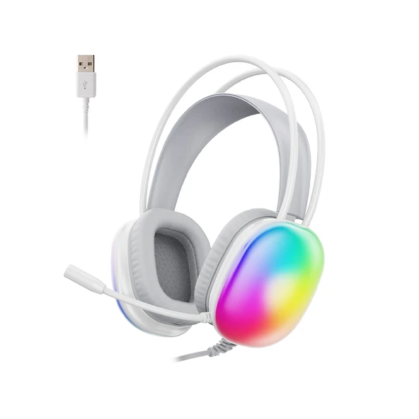 Lenovo Lecoo HT409 Beyaz RGB USB Kablolu LED Aydınlatmalı Mikrofonlu Kulak Üstü Oyuncu Kulaklığı - Beyaz