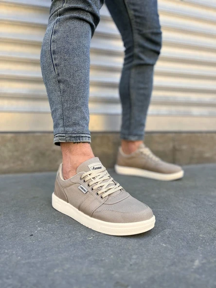 BY0118 REX Bağcıklı Keten Kumaş Erkek Günlük Sneaker Ayakkabı KKT - Bej