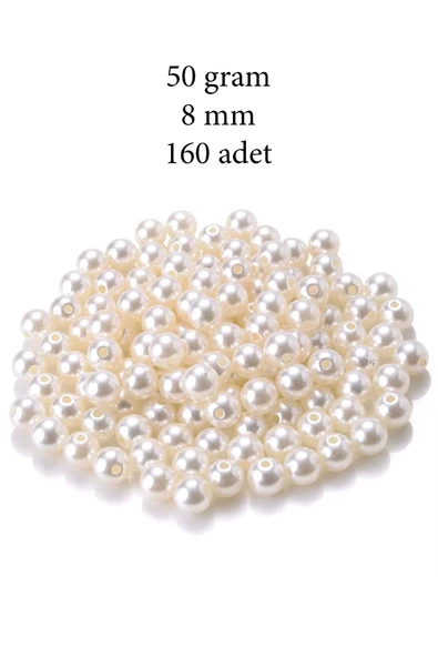 50 gram 8mm Krem Renk Plastik İnci Boncuk Çanta ve Takı Yapım Boncuğu (~160 adet)