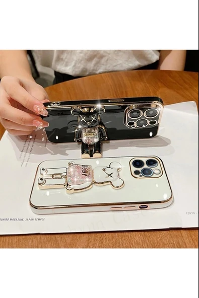İphone 14 Pro Glossy Yumuşak Ayıcıklı Boncuklu Stantlı Kapak