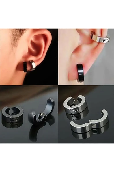 Erkek Küpesi - 1 Adet Çelik Kıstırmalı Küpe Paslanmaz Atmaz Çelik Gümüş Renk Küpe - 4