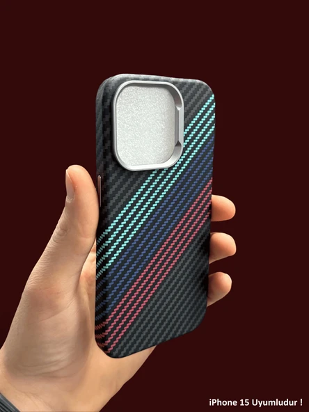iPhone 15 MagSafe Uyumlu Kılıf Carbon Desenli Premium Kapak - Resim 4