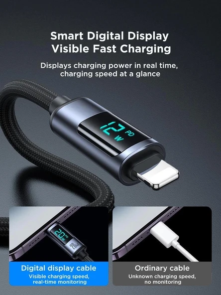 Joyroom 2,4A USB'den Lighting Dijital Ekranlı Göstergeli Şarj Kablosu 1.2MT - 2