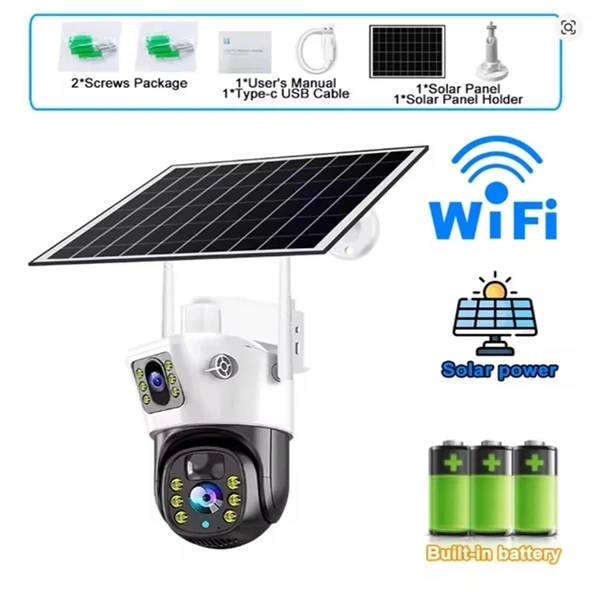 O-KAM Pro 7015 Wi-Fi 360? Güneş Enerjili 5MP 1 Sabit 1 Hareketli Gece Görüşlü Sirenli Akıllı Kamera IP66 (WiFi Solar Ene - 4
