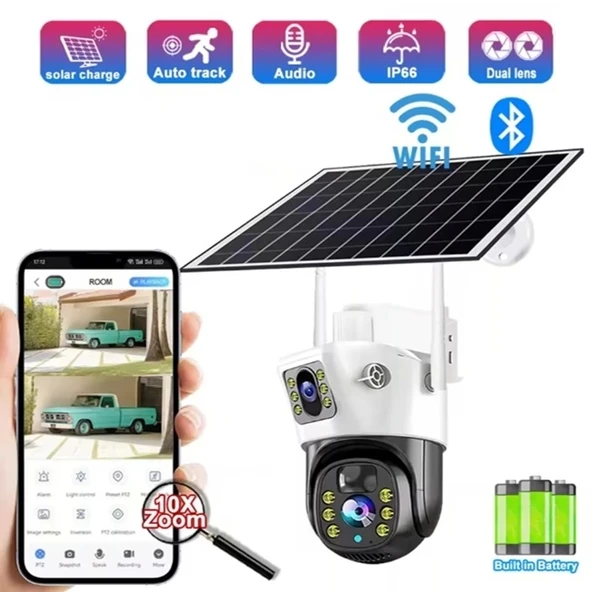 O-KAM Pro 7015 Wi-Fi 360? Güneş Enerjili 5MP 1 Sabit 1 Hareketli Gece Görüşlü Sirenli Akıllı Kamera IP66 (WiFi Solar Ene - 5