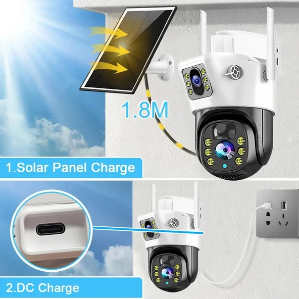 O-KAM Pro 7015 Wi-Fi 360? Güneş Enerjili 5MP 1 Sabit 1 Hareketli Gece Görüşlü Sirenli Akıllı Kamera IP66 (WiFi Solar Ene - 3