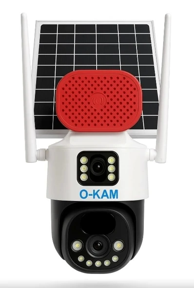 O-KAM Pro 7015 Wi-Fi 360? Güneş Enerjili 5MP 1 Sabit 1 Hareketli Gece Görüşlü Sirenli Akıllı Kamera IP66 (WiFi Solar Ene