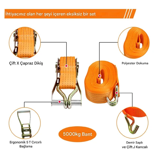 Spanzet Cırcırlı Gırgır Yük Gerdirme Halatı Eşya Sabitleme Sapan 5 Ton 10 Metre Emniyet Kemerli - 3
