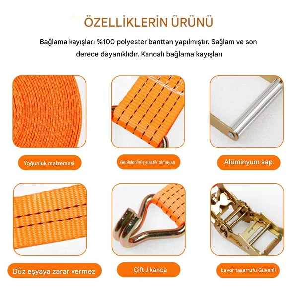 Spanzet Cırcırlı Gırgır Yük Gerdirme Halatı Eşya Sabitleme Sapan 5 Ton 10 Metre Emniyet Kemerli - 4