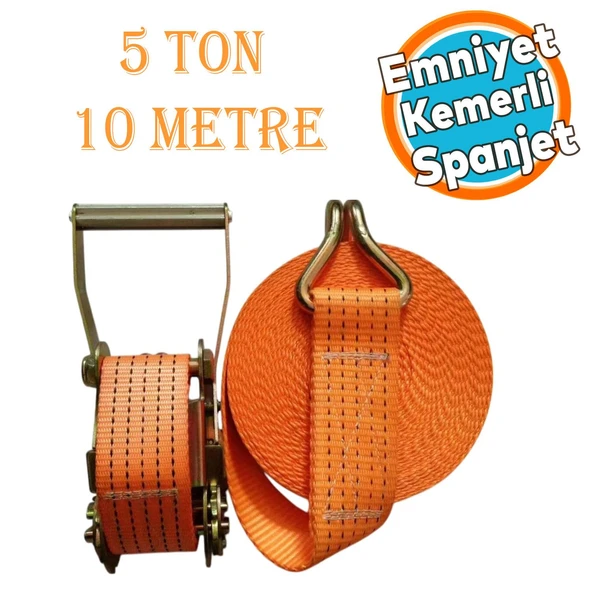 Spanzet Cırcırlı Gırgır Yük Gerdirme Halatı Eşya Sabitleme Sapan 5 Ton 10 Metre Emniyet Kemerli