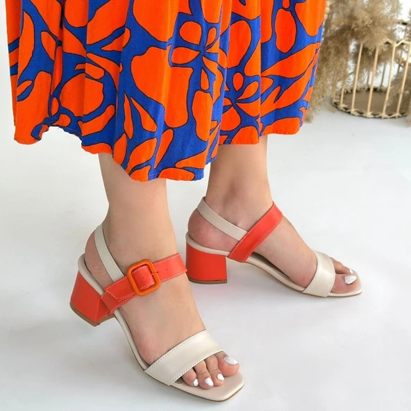 Year Bej Cilt Turuncu Detaylı Turuncu Topuklu Topuklu Ayakkabı - 4