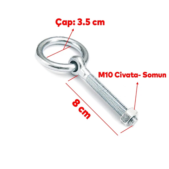 Delikli Halkalı Metal Paslanmaz Civata M10 Somunlu Sabitleme Çekme Kaldırma Tavan Kancası Asma Kit - 2