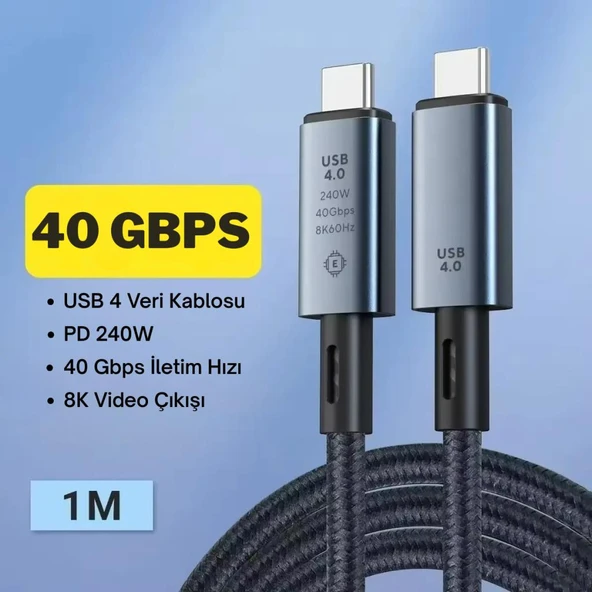 Coofbe 1Mt USB 4.0 240W Type-C Şarj Kablosu 40Gbps Veri Aktarım Type-C 8K 60HZ Görüntü Aktarım Kablosu