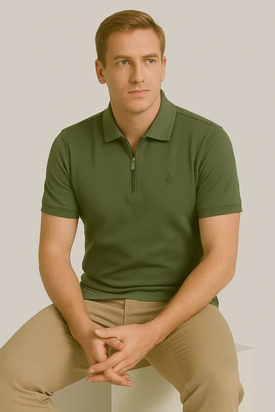 Erkek Kısakol Polo Yaka Fermuarlı Tshirt Haki