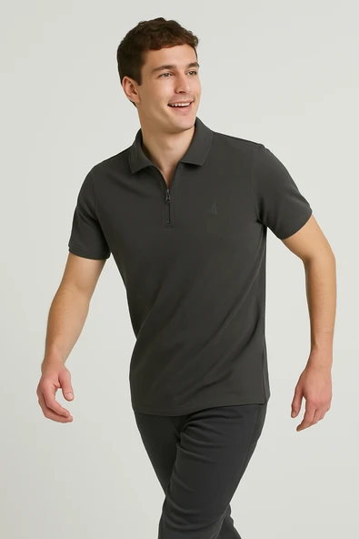 Erkek Kısakol Polo Yaka Fermuarlı Tshirt Antrasit - 2