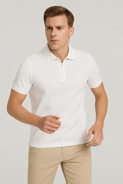 Erkek Kısakol Polo Yaka Fermuarlı Tshirt Beyaz - 3