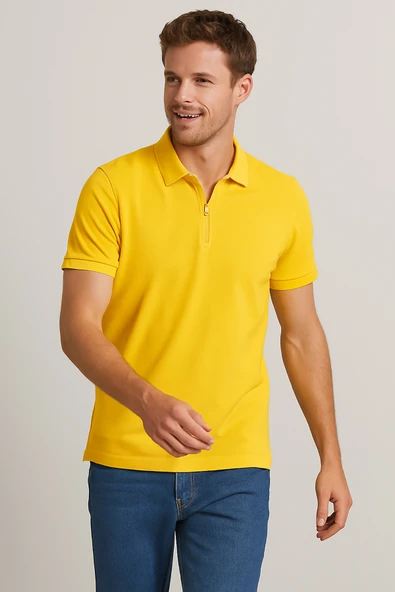 Erkek Kısakol Polo Yaka Fermuarlı Tshirt Sarı - 3