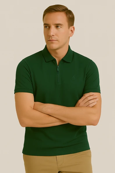 Erkek Kısakol Polo Yaka Fermuarlı Tshirt Yeşil - Resim 2