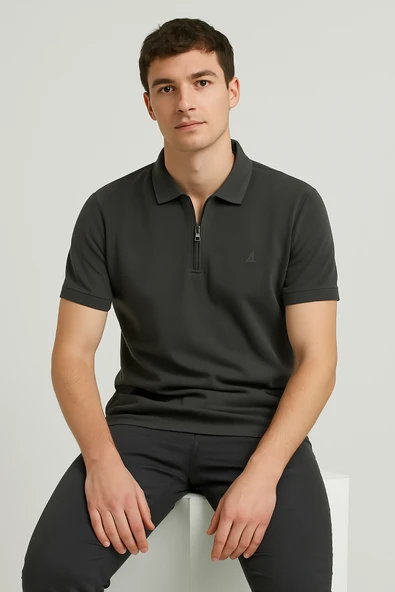 Erkek Kısakol Polo Yaka Fermuarlı Tshirt Antrasit