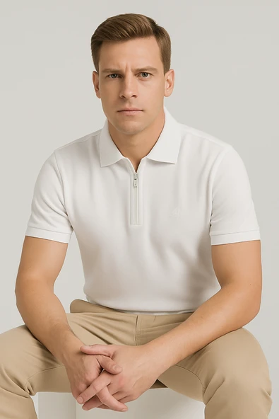 Erkek Kısakol Polo Yaka Fermuarlı Tshirt Beyaz