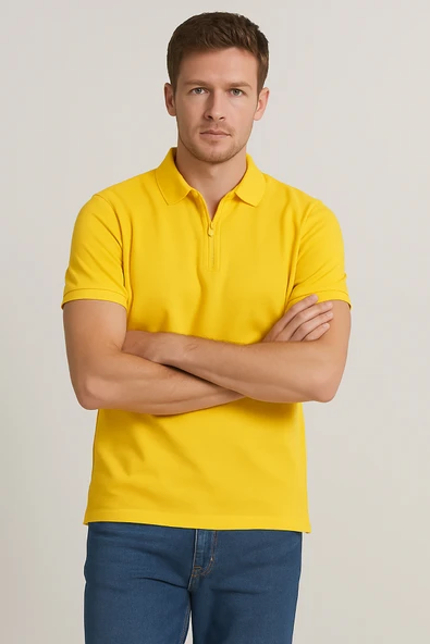 Erkek Kısakol Polo Yaka Fermuarlı Tshirt Sarı
