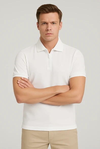 Erkek Kısakol Polo Yaka Fermuarlı Tshirt Beyaz - 2