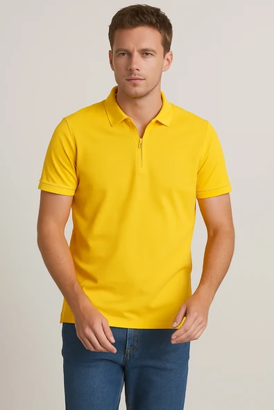 Erkek Kısakol Polo Yaka Fermuarlı Tshirt Sarı - 2