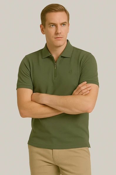 Erkek Kısakol Polo Yaka Fermuarlı Tshirt Haki - 2