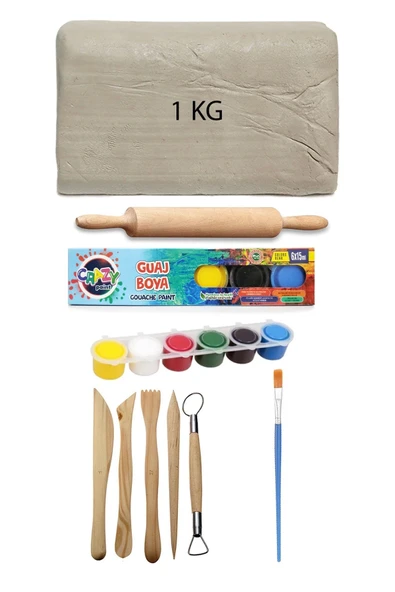 Beyaz Seramik Hamuru 1 kg Kil Ebeşuar Seti 6x15 ml Guaj Seti Seramik Kil Ahşap Merdane Oyun Hamuru