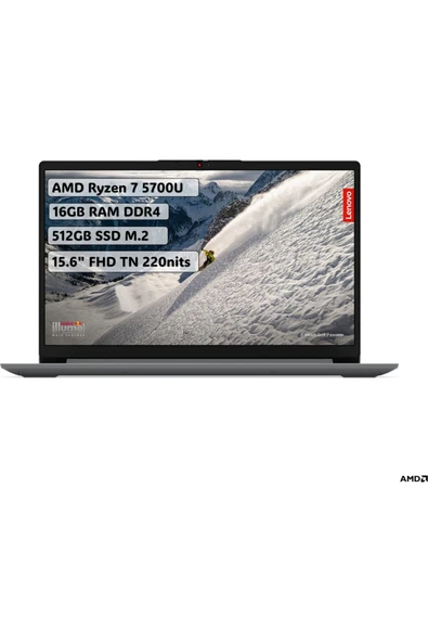 LENOVO Ideapad 1 Amd Ryzen 7 5700u 16gb 512gb Ssd Freedos 15.6" Fhd Taşınabilir Bilgisayar 82r400r4tr