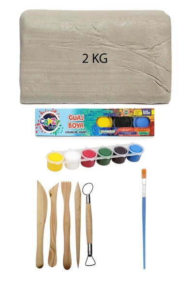 Beyaz Seramik Hamuru 2 kg Kil Ebeşuar Seti 6x15 ml Guaj Boya Seti Düz Fırça Seramik Kili Oyun Hamuru