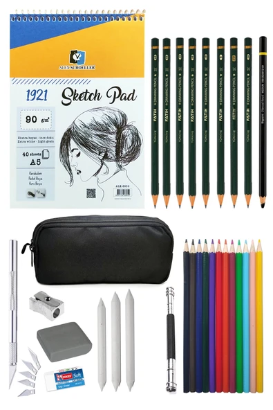 Alex Schoeller A5 Eskiz Defteri 90 g Kalemlikli Eskiz Seti Karakalem Çizim Seti Kuruboya Seti 12'li ürün görseli