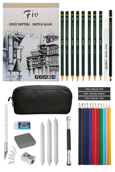 Fio A4 Eskiz Defteri Kalemlikli Eskiz Seti Karakalem Çizim Seti Kuruboya Seti Jel Kalem Kömür Kalem ürün görseli