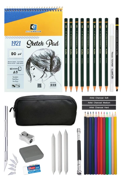 Alex Schoeller A5 Eskiz Defteri Kalemlik Eskiz Seti Karakalem Çizim Seti 12 Kuruboya Beyaz Jel Kalem ürün görseli
