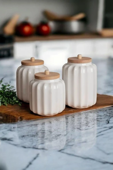 3' Lü Vakumlu Ahşap Kapaklı Baharat Seti Çay,Kahve,Şeker,Tuz Saklama Kabı