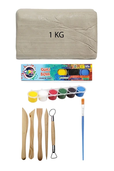 Beyaz Seramik Hamuru 1 kg Kil Ebeşuar Seti 6x15 ml Guaj Boya Seti Düz Fırça Seramik Kili Oyun Hamuru - 1