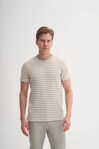 Cazador Bisiklet Yaka Slim Fit Jakarlı Çizgi Desenli Tişört ürün görseli 1