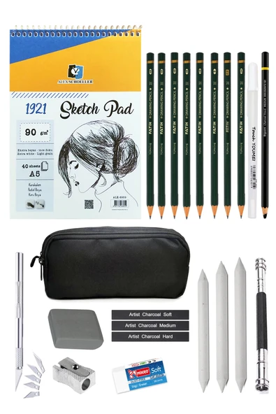 Alex Schoeller A5 Eskiz Defteri Kalemlik Eskiz Seti Karakalem Çizim Seti Beyaz Jel Kalem Kömür Kalem ürün görseli