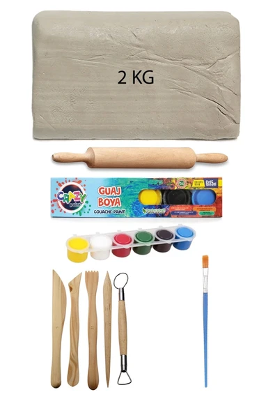 Beyaz Seramik Hamuru 2 kg Kil Ebeşuar Seti 6x15 ml Guaj Seti Seramik Kil Ahşap Merdane Oyun Hamuru - 1