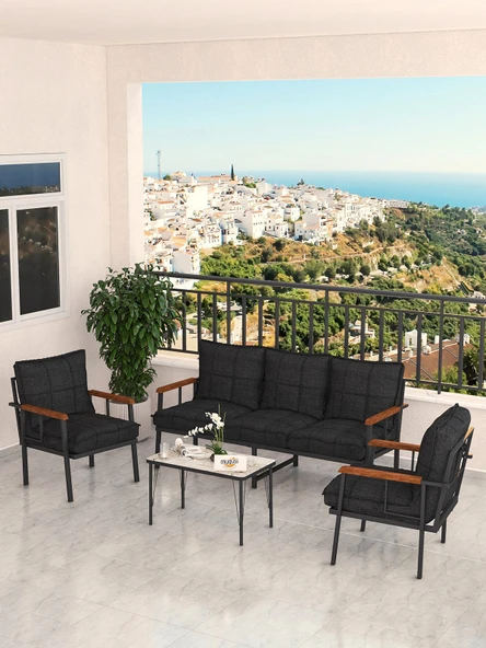 Modern Serisi Bahçe Takımı, Bahçe Mobilyası, Metal Koltuk Takımı - 3+1+1 Sehpalı - Efes Siyah