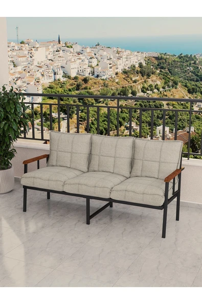 Modern Serisi Bahçe Takımı, Bahçe Mobilyası, Metal Koltuk Takımı - 3+1+1 Sehpalı - Efes Krem - 3