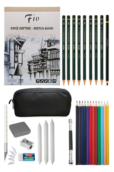 Fio A4 Eskiz Defteri Çift Gözlü Kalemlik Kuruboya 12'li Eskiz Seti Karakalem Çizim Seti ürün görseli