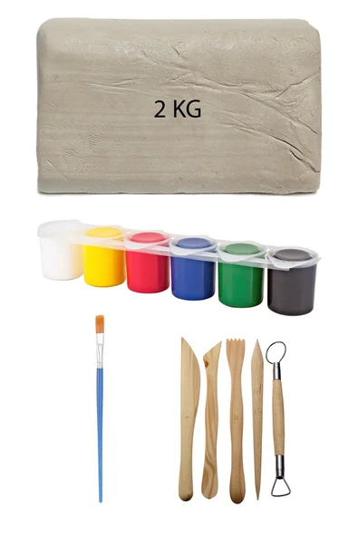 Beyaz Seramik Hamuru 2 kg Kil Ebeşuar Seti 6x15 ml Akrilik Seti Düz Fırça Seramik Kili Oyun Hamuru