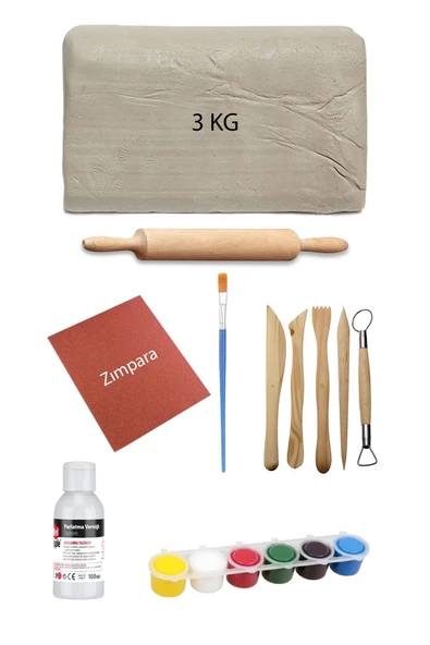 Beyaz Seramik Hamuru 3 Kg Kil Ebeşuar Seti 6x15 ml Akrilik Set 100 ml Vernik Ahşap Merdane Zımpara